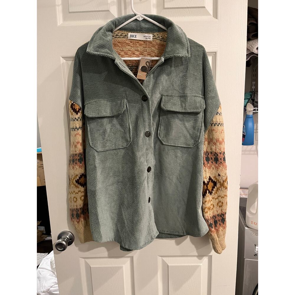 BKE Pieced Corduroy Shacket sea foam multi size medium